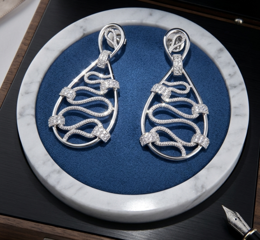 A pair of silver teardrop-shaped earrings with intricate openwork and pavé-set stones, displayed on a round white marble riser over a blue velvet surface.