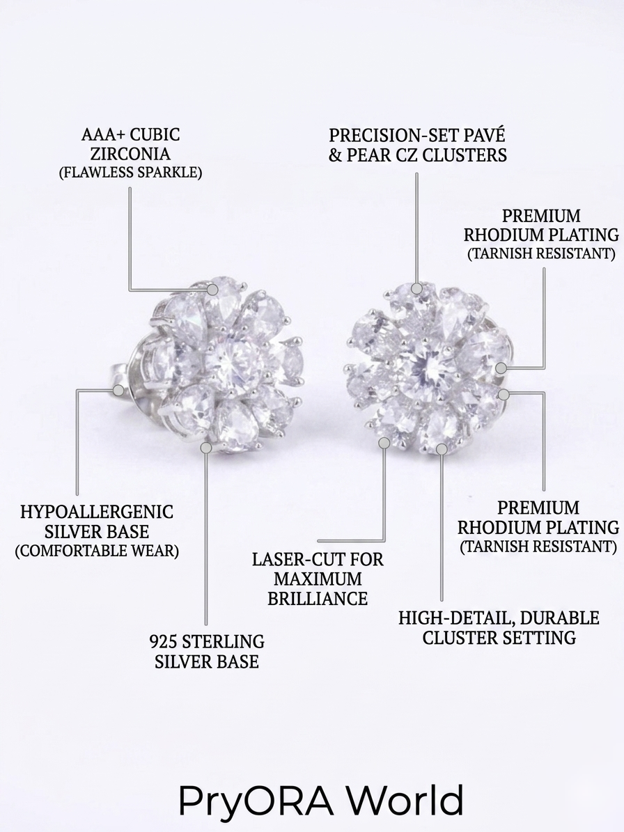 PryORA World Pear-Cluster Floral Studs | 925 Sterling Silver | Made in India