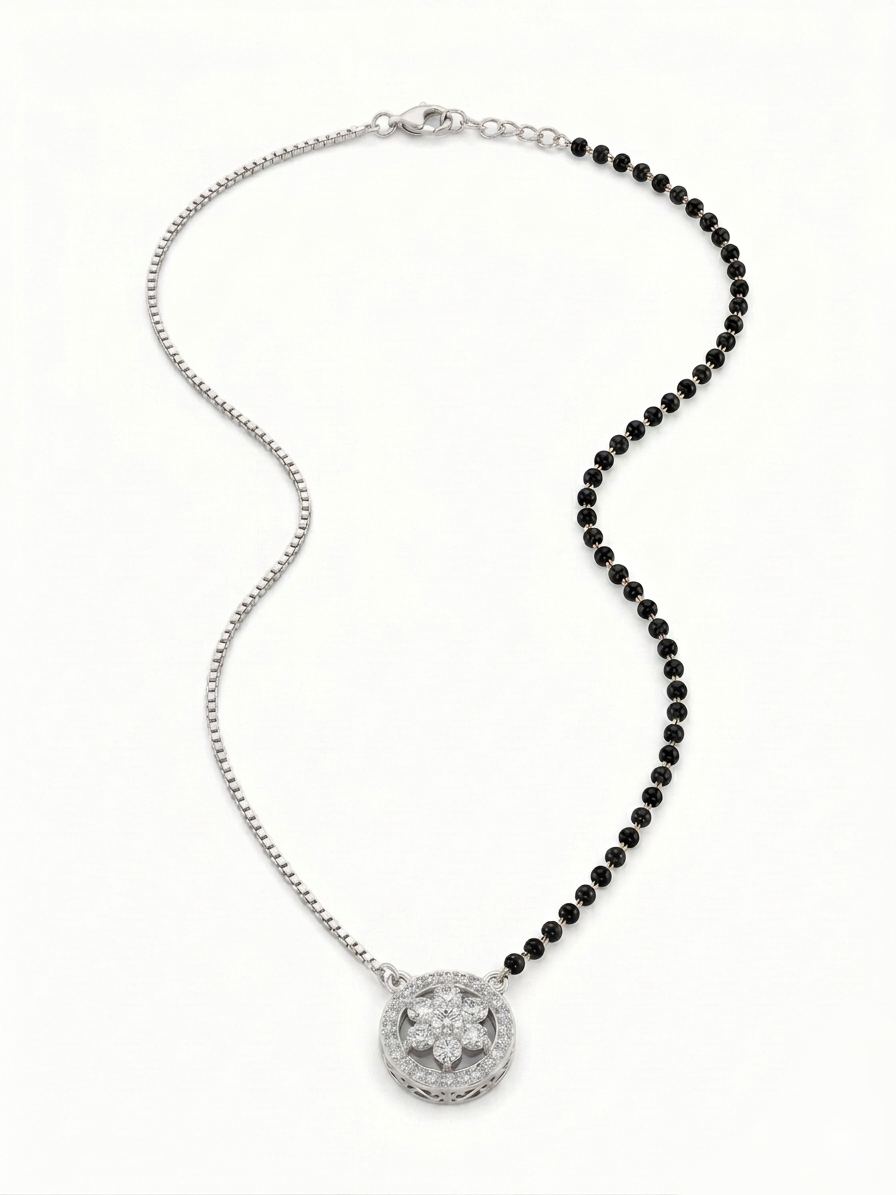 Pryora 925 Sterling Silver Floral Halo Mangalsutra for Women | Gold Plated CZ Pendant Necklace | Handcrafted Jewelry | Made In India