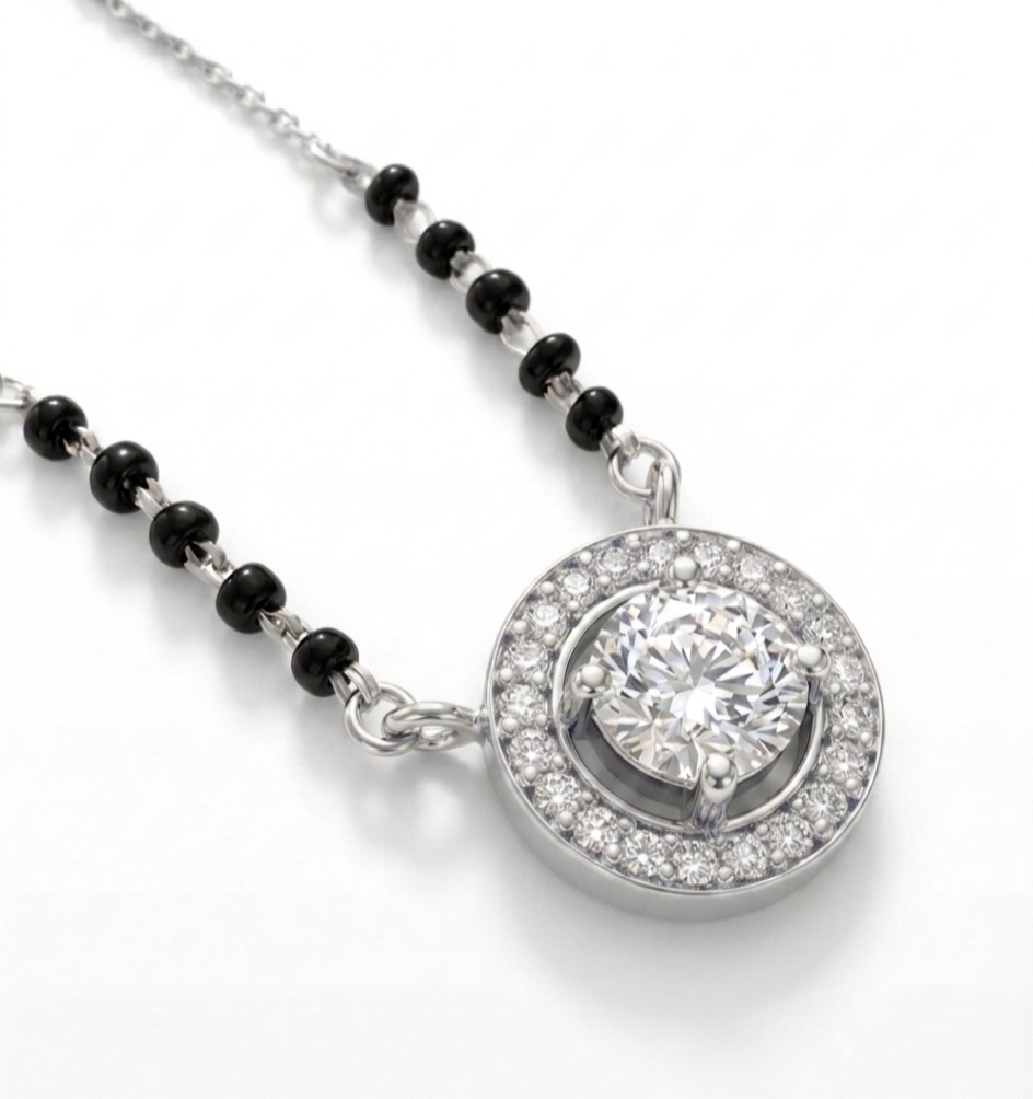 Pryora 925 Sterling Silver Minimal Solitaire Mangalsutra Necklace for Women | Delicate Black Bead Chain | Handcrafted Jewelry | Made In India
