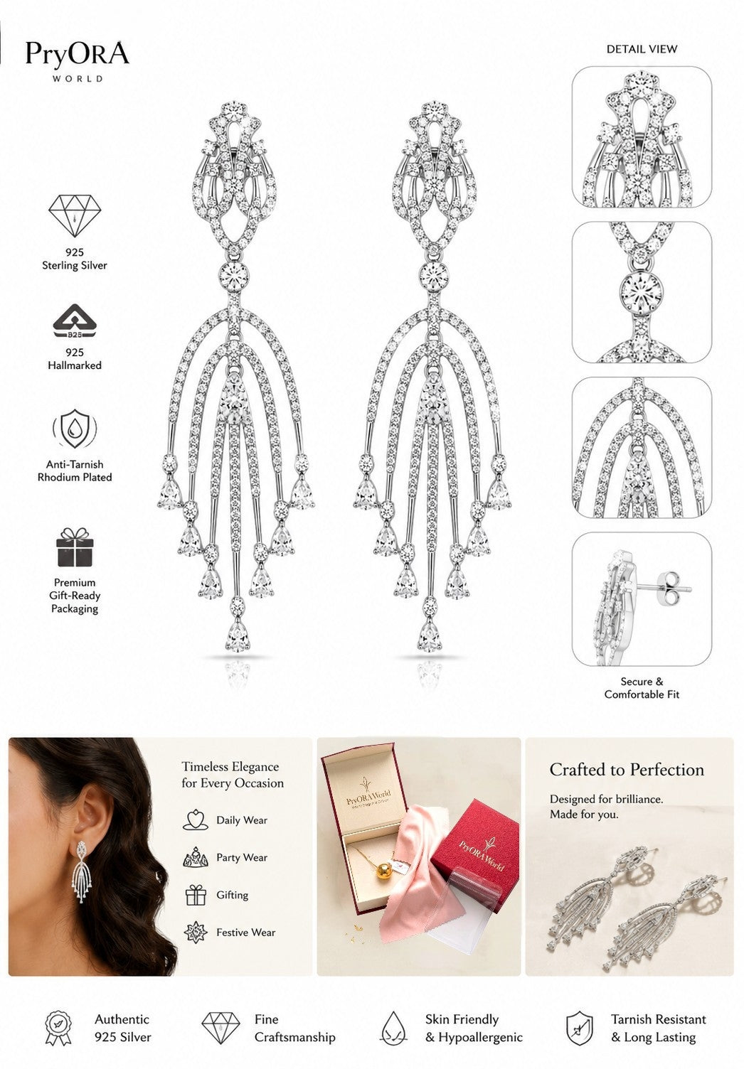 PryORA World Waterfall Chandelier Earrings | 925 Sterling Silver | Made in India