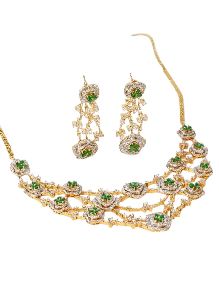 Aarohi Emerald Blossom Diamond Choker Set (Necklace & Earrings)