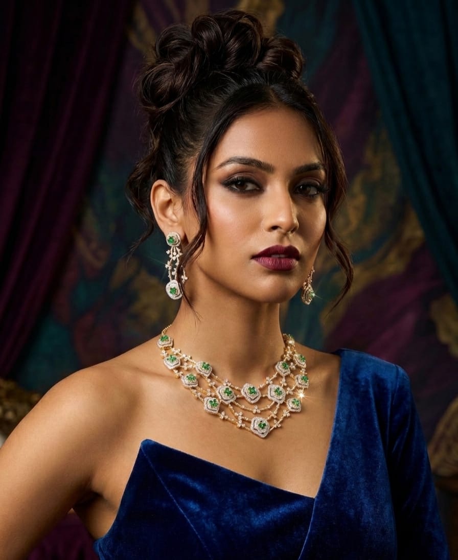A woman wearing a gold-toned statement necklace and matching drop earrings with green stone accents, styled with a dark blue velvet one-shoulder dress against a dark purple and teal draped background.