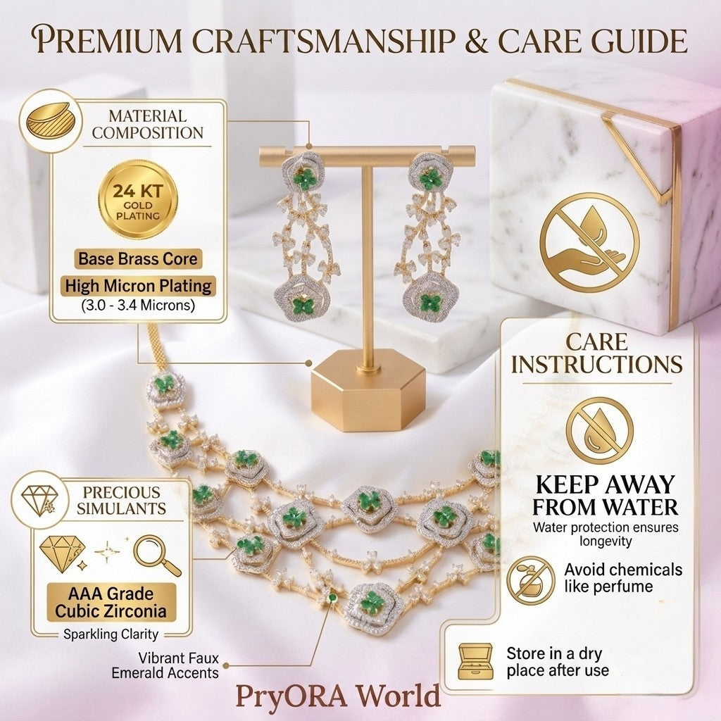 An infographic-style care and material guide for a gold-plated jewelry set, showing a necklace, earrings, and a display stand on a white draped surface, with callout boxes detailing material composition, care instructions, and storage. The brand name PryORA World appears at the bottom.