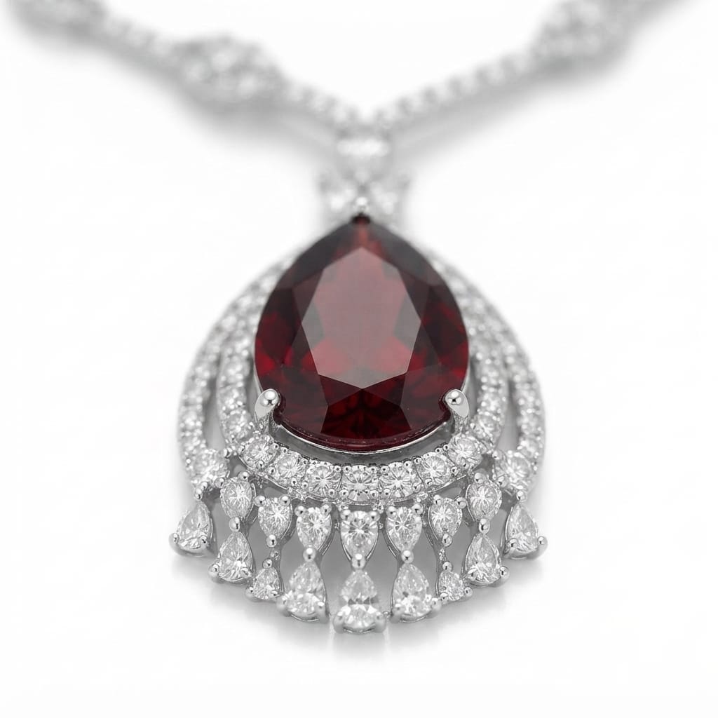 A silver pendant necklace featuring a teardrop-shaped deep red gemstone surrounded by a halo of small clear stones, with dangling teardrop-shaped clear stones below, set against a plain white background.