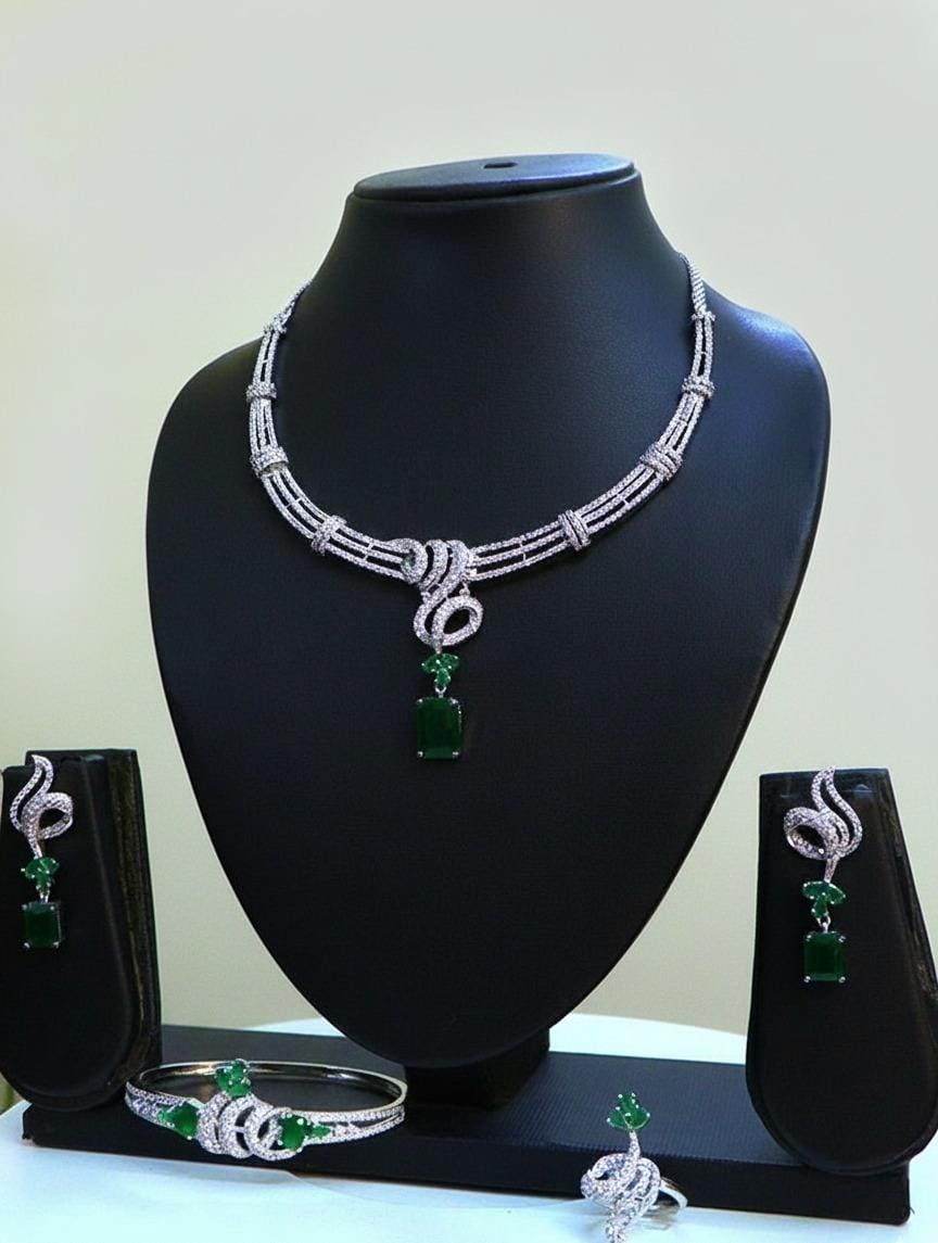 Emerald Diamond Statement Necklace Set (Necklace, Earrings, Bracelet & Ring )