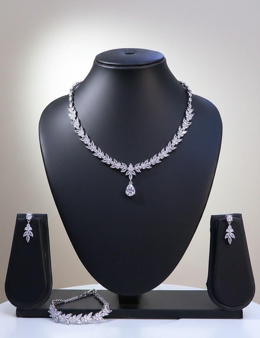 Diamond Single Layer Necklace Set (Necklace, Earrings & Bracelet )