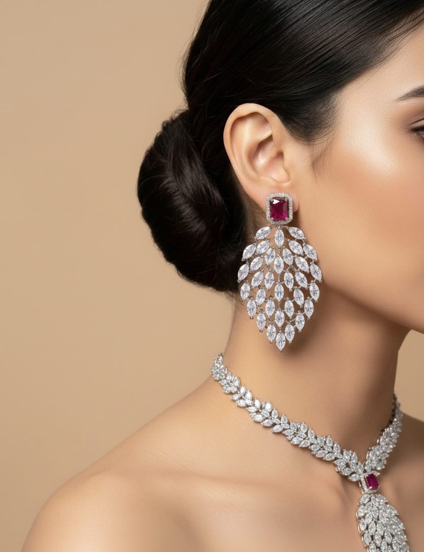 Woman wearing a diamond earring and necklace with a red gemstone on a beige background