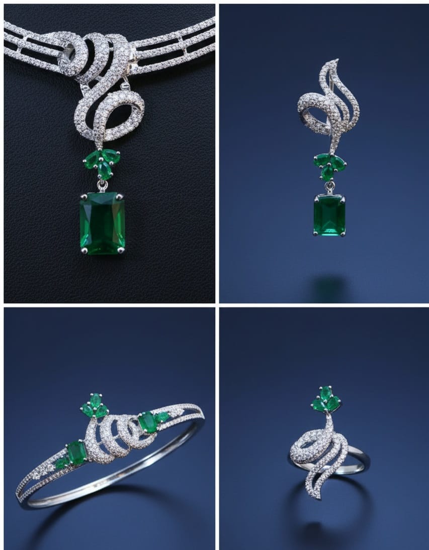 Emerald Diamond Statement Necklace Set (Necklace, Earrings, Bracelet & Ring )
