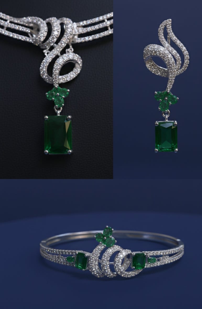 Emerald Diamond Statement Necklace Set (Necklace, Earrings, Bracelet & Ring )