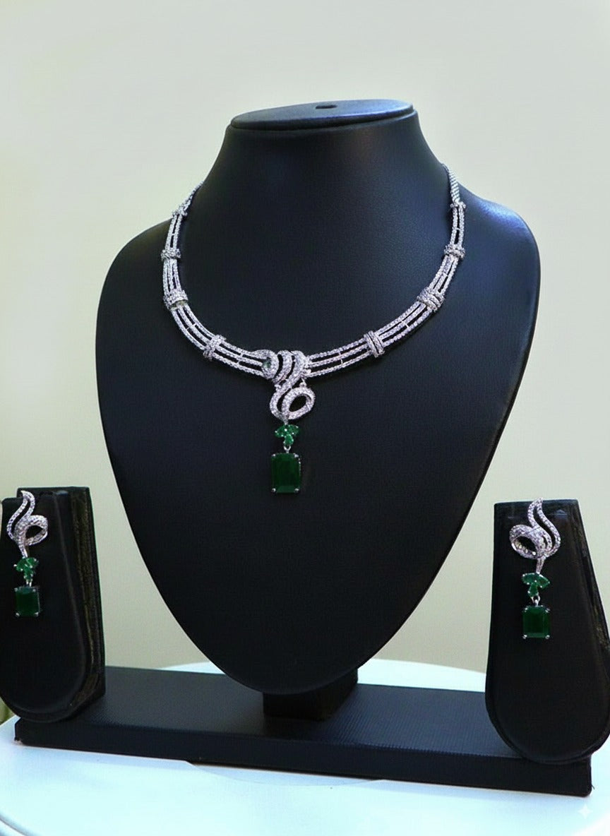 Emerald Diamond Statement Necklace Set (Necklace, Earrings, Bracelet & Ring )