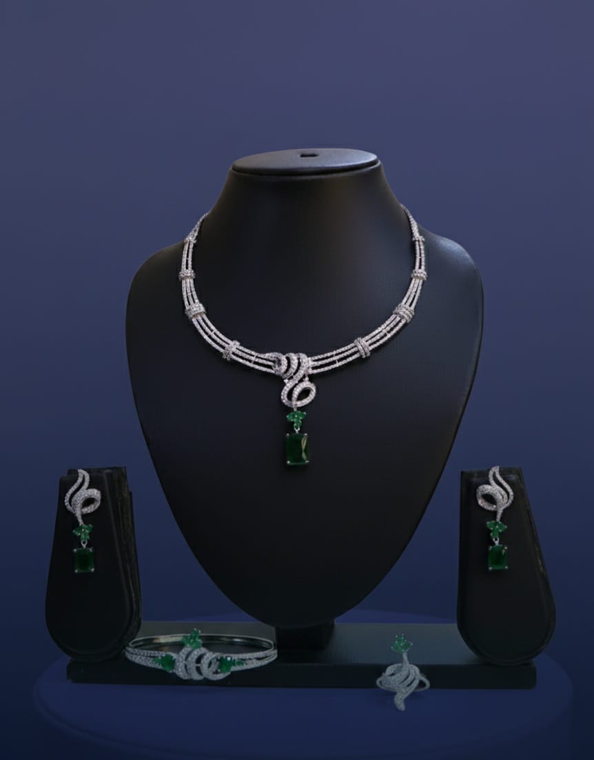 Emerald Diamond Statement Necklace Set (Necklace, Earrings, Bracelet & Ring )