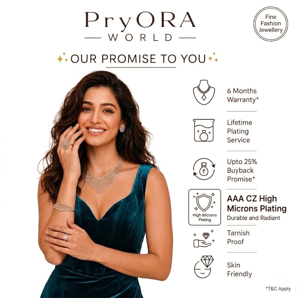 A promotional banner for PryORA World featuring a smiling woman in a deep teal velvet dress wearing a silver necklace and rings, alongside product feature icons and text detailing a 6-month warranty, lifetime plating service, 25% buyback promise, AAA CZ high micron plating, tarnish proof, and skin friendly qualities.
