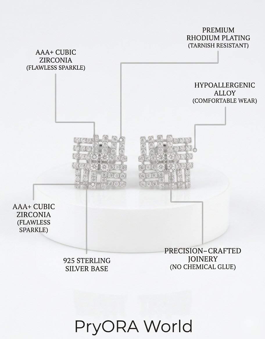 PryORA World Geometric Lattice Square Studs | 925 Sterling Silver | Made in India
