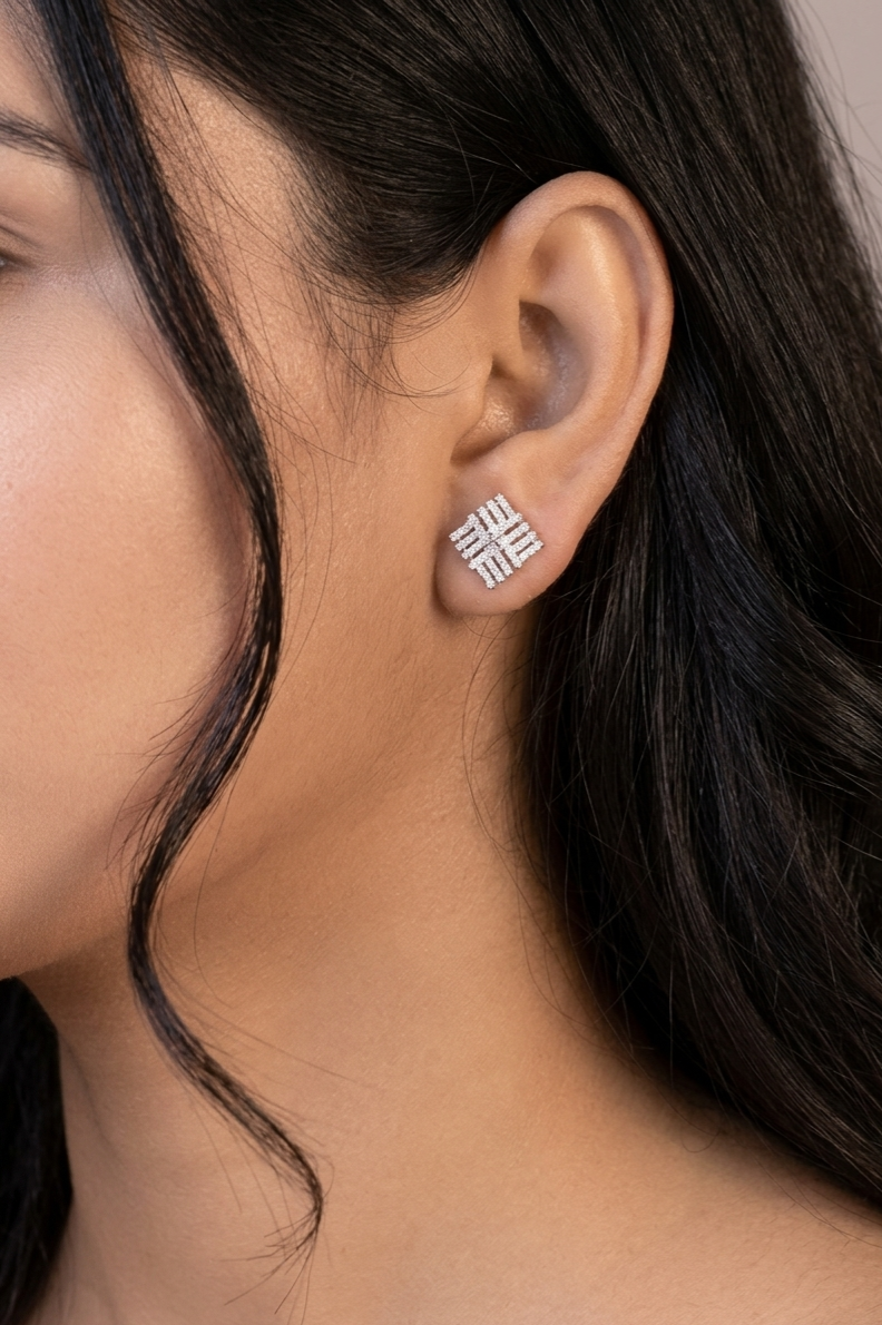 PryORA World Geometric Lattice Square Studs | 925 Sterling Silver | Made in India