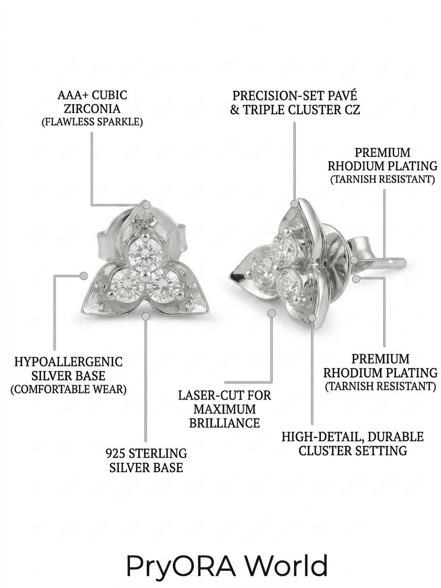 PryORA World Triple-Petal CZ Stud Earrings | 925 Sterling Silver | Made in India