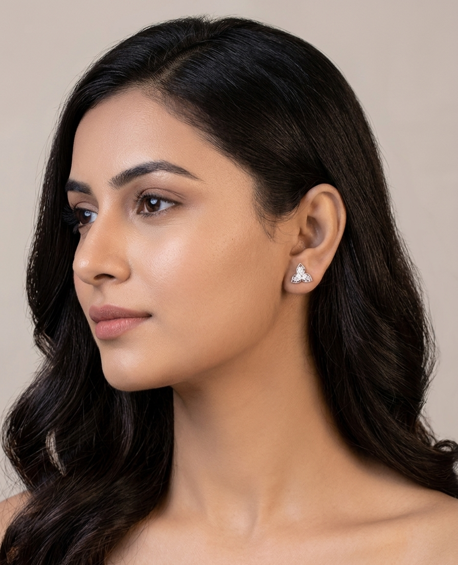 PryORA World Triple-Petal CZ Stud Earrings | 925 Sterling Silver | Made in India