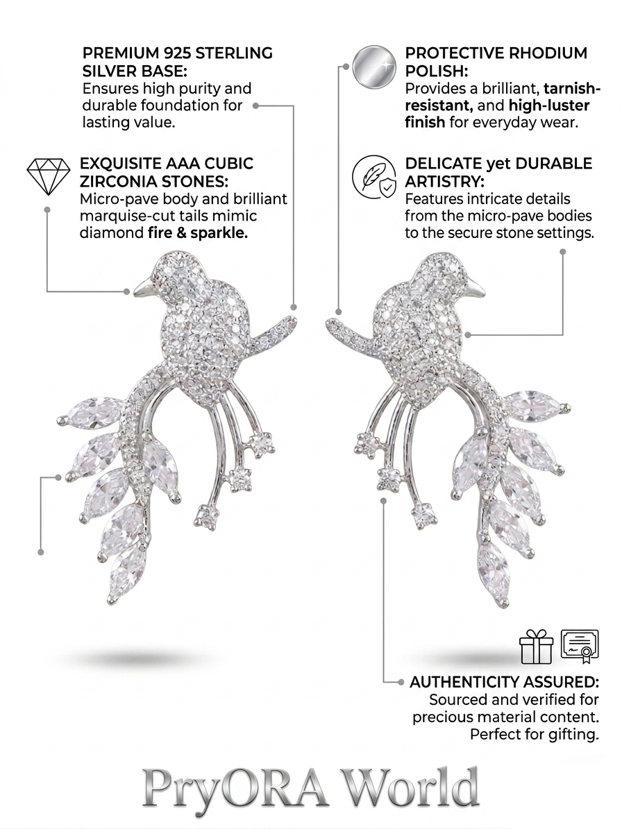 A product information graphic for a pair of pavé earrings on a white background, with callout lines and text describing sterling silver base, rhodium polish, cubic zirconia stones, and authenticity details. The brand name PryORA World appears at the bottom.