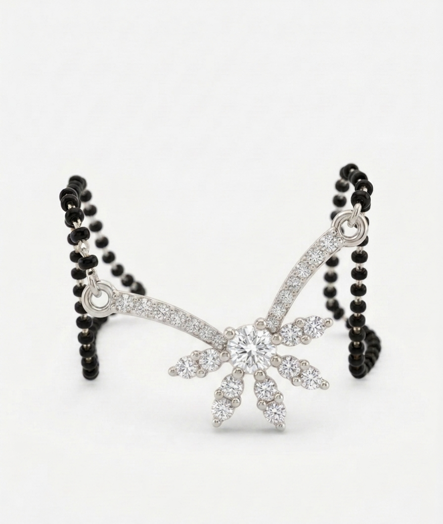 Pryora 925 Sterling Silver Royal CZ Fan Mangalsutra Necklace for Women | Handcrafted Jewelry | Made In India
