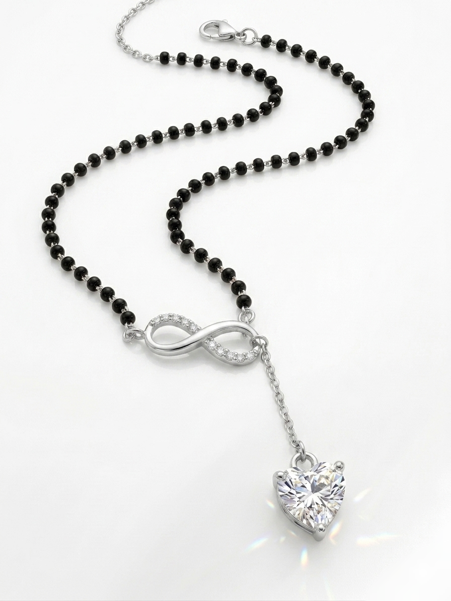 Pryora 925 Sterling Silver Infinity Heart Drop Mangalsutra for Women | Handcrafted CZ Diamond Mangalsutra Necklace | Made In India