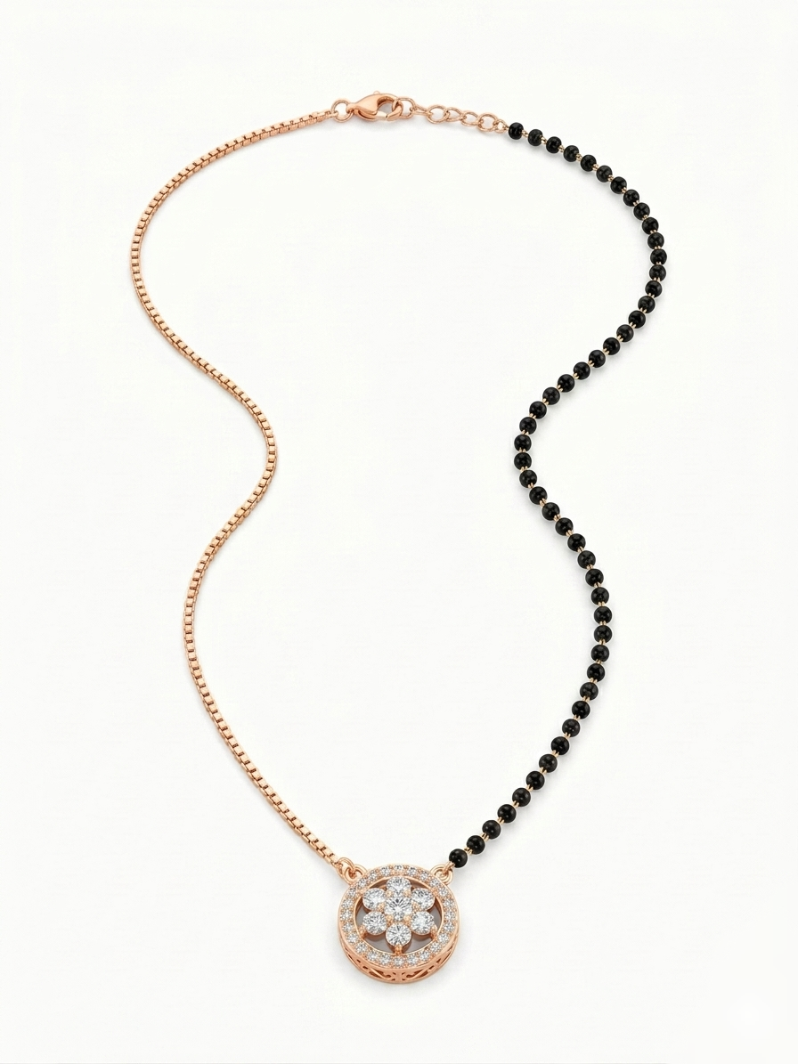 Pryora 925 Sterling Silver Floral Halo Mangalsutra for Women | Gold Plated CZ Pendant Necklace | Handcrafted Jewelry | Made In India