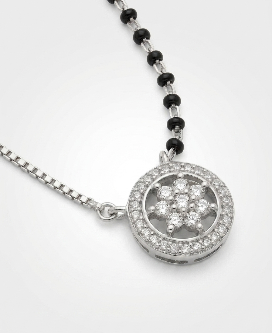 Pryora 925 Sterling Silver Floral Halo Mangalsutra for Women | Gold Plated CZ Pendant Necklace | Handcrafted Jewelry | Made In India