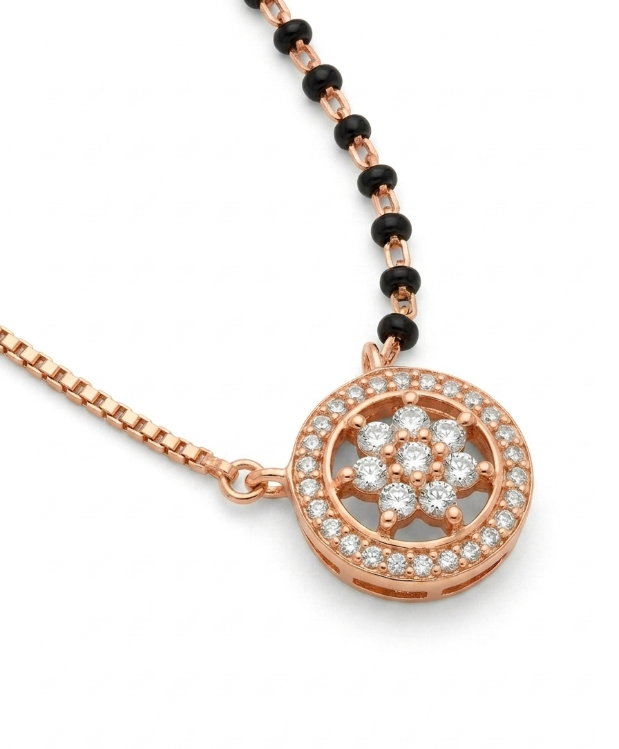 Pryora 925 Sterling Silver Floral Halo Mangalsutra for Women | Gold Plated CZ Pendant Necklace | Handcrafted Jewelry | Made In India