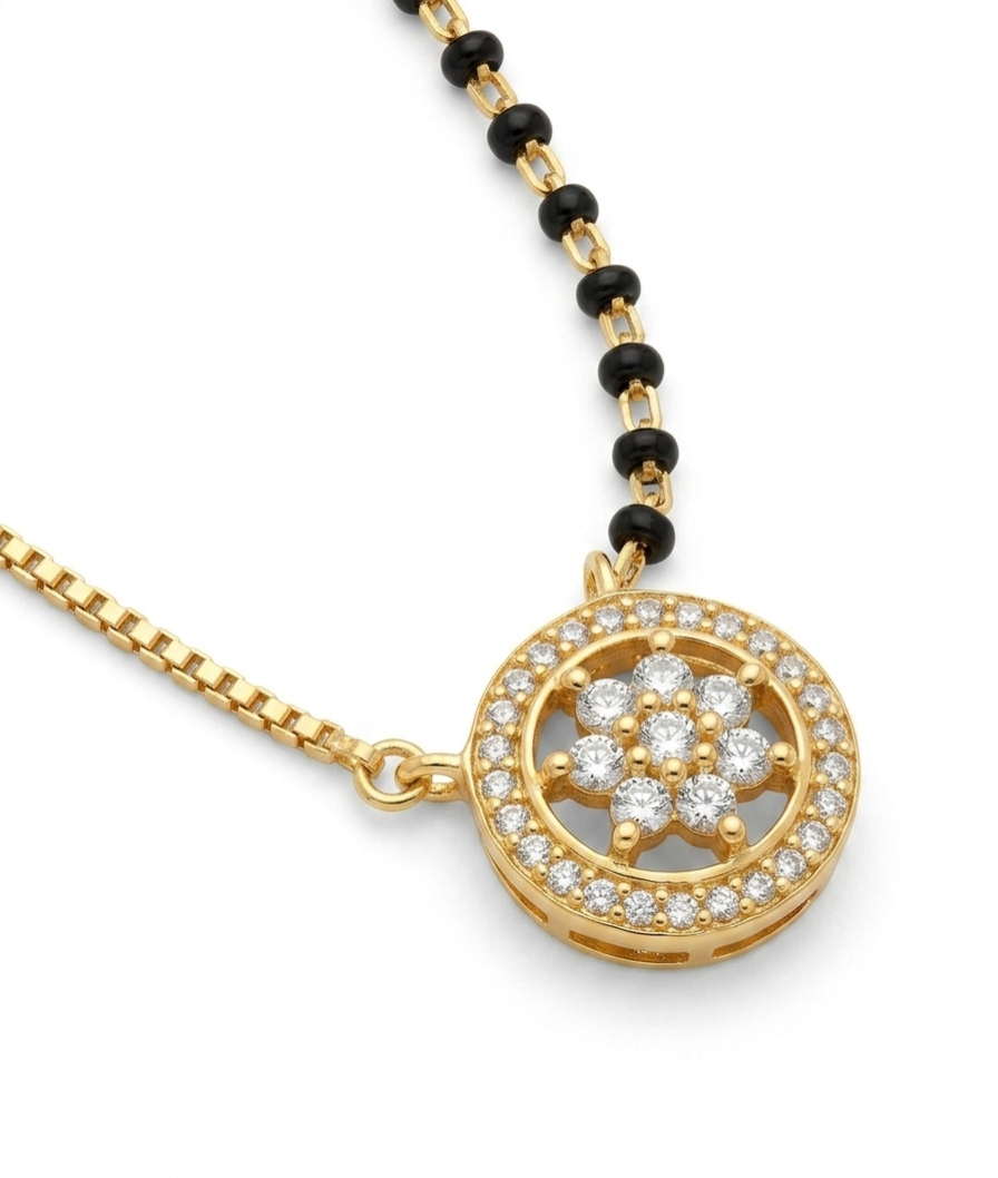 Pryora 925 Sterling Silver Floral Halo Mangalsutra for Women | Gold Plated CZ Pendant Necklace | Handcrafted Jewelry | Made In India