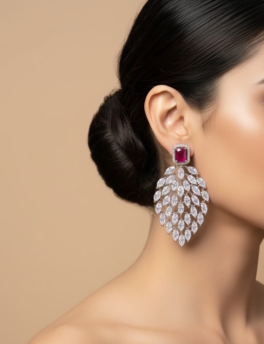 Earring with gemstone detail worn by a model on a beige background