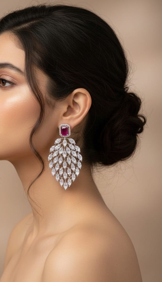 Close-up of a woman wearing a pair of diamond earrings with a red gemstone on a beige background