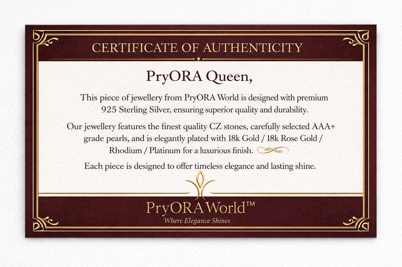 Certificate of Authenticity for PryORA Queen jewelry from PryORAWorld