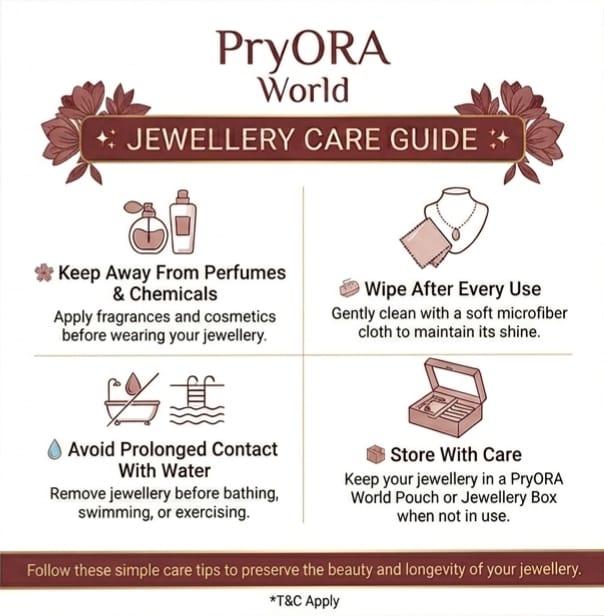 PryORA World Jewellery Care Guide with care tips and illustrations on a white background.