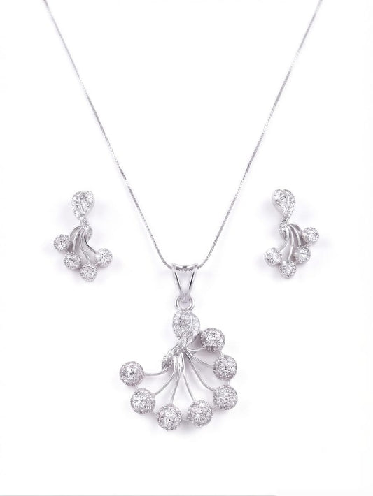 Silver-tone jewelry set featuring a pendant necklace and matching stud earrings, both adorned with clear pavé gemstones in a fan-shaped cluster design, shown on a plain white background.