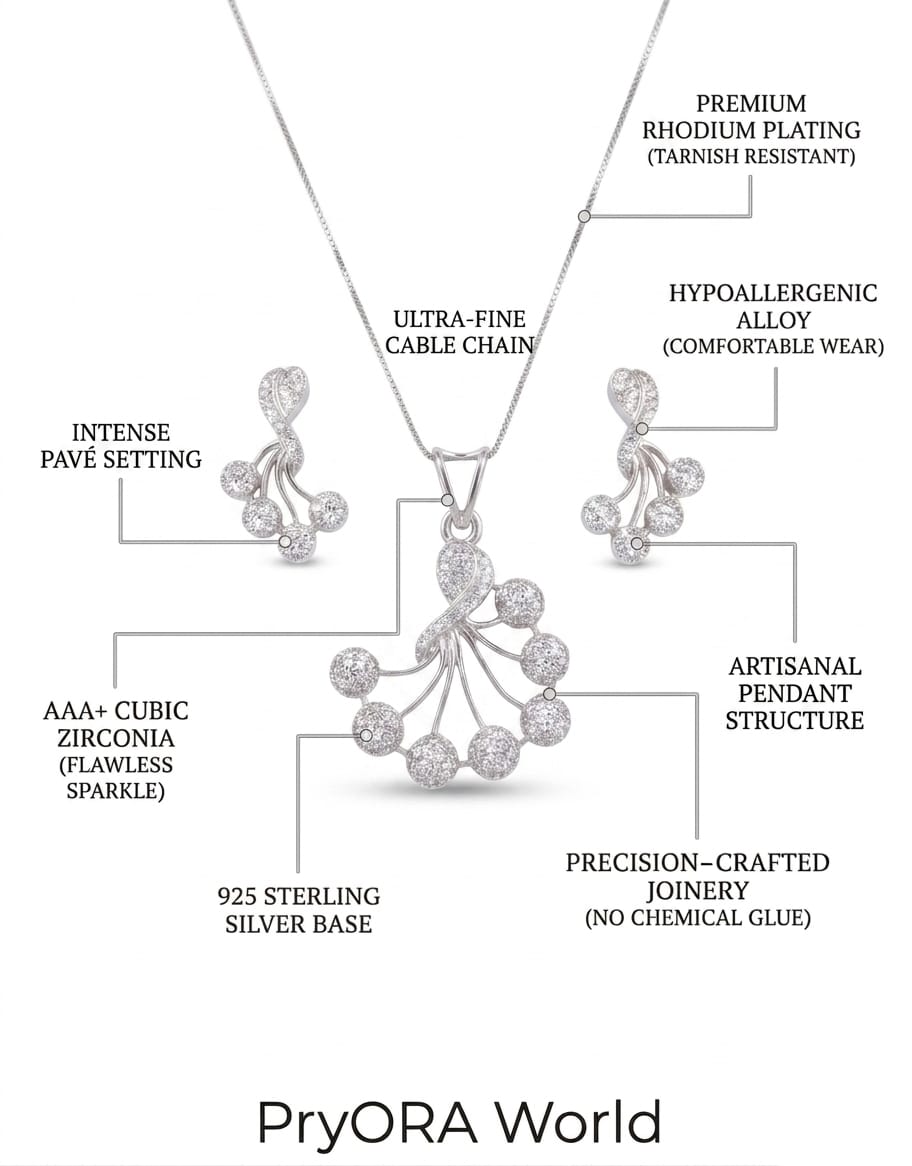 Jewelry set with detailed specifications on a white background, featuring the brand 'PryORA World'.
