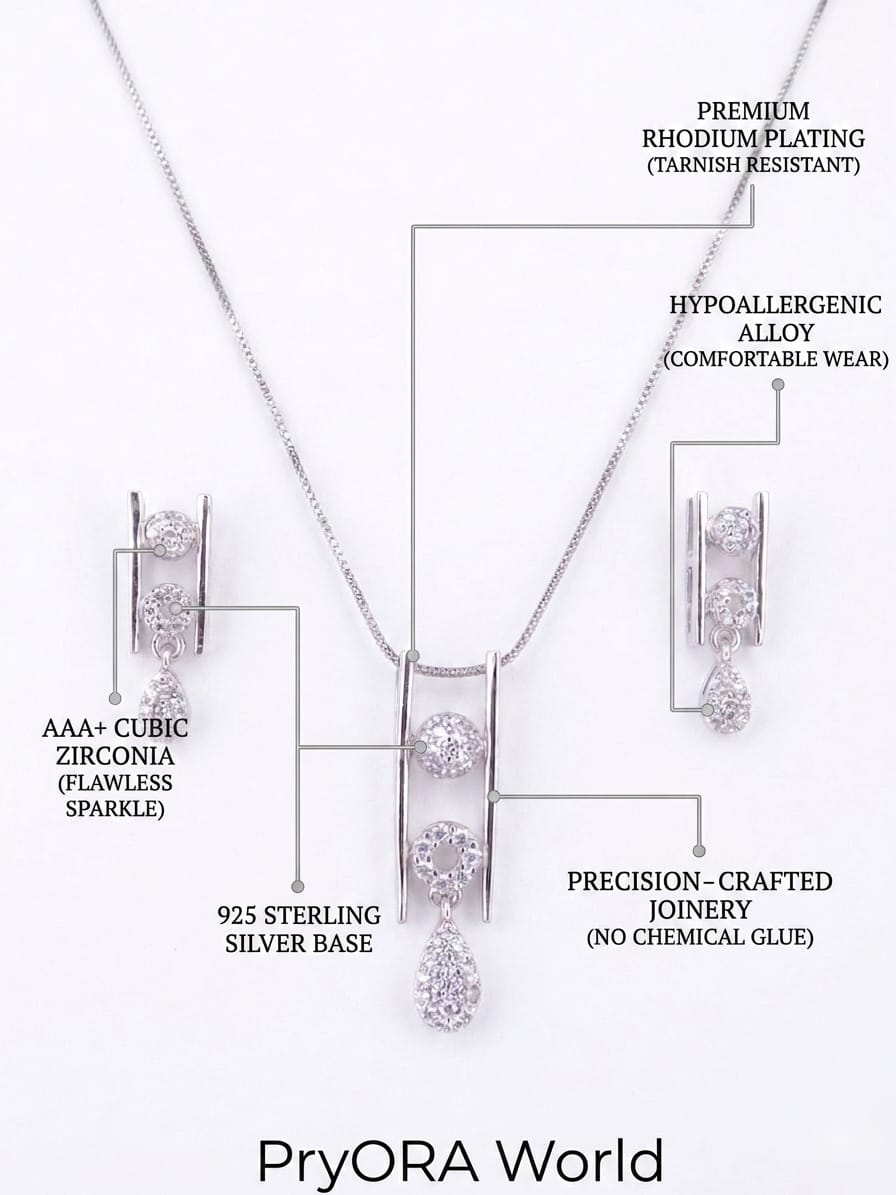 Jewelry set with pendant and earrings, featuring detailed specifications on a white background.