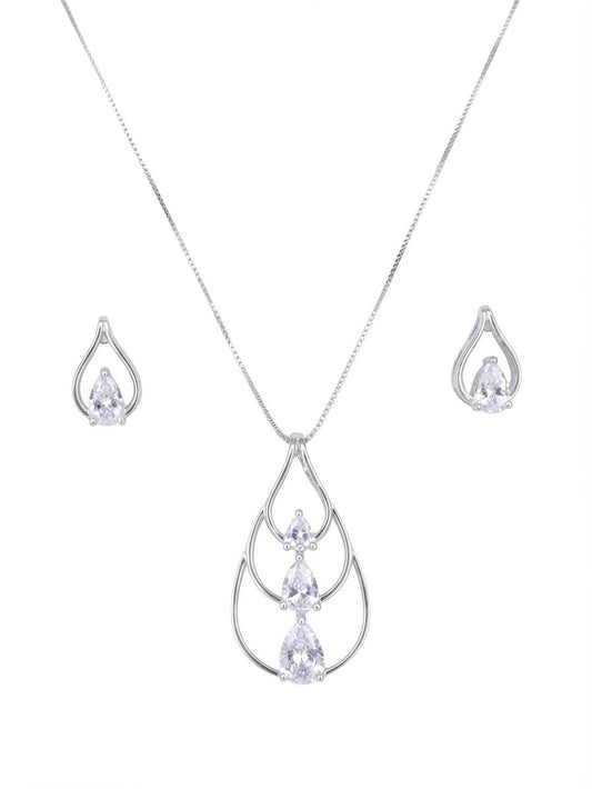 Silver-tone jewelry set featuring a teardrop pendant necklace and matching drop earrings with clear teardrop gemstones, displayed on a solid white background.
