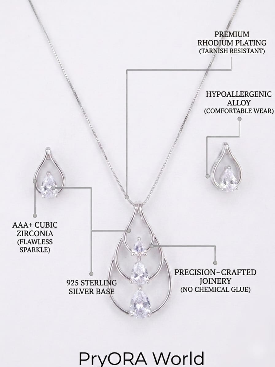 Silver teardrop pendant with zirconia stones on a white background, featuring text about material specifications.