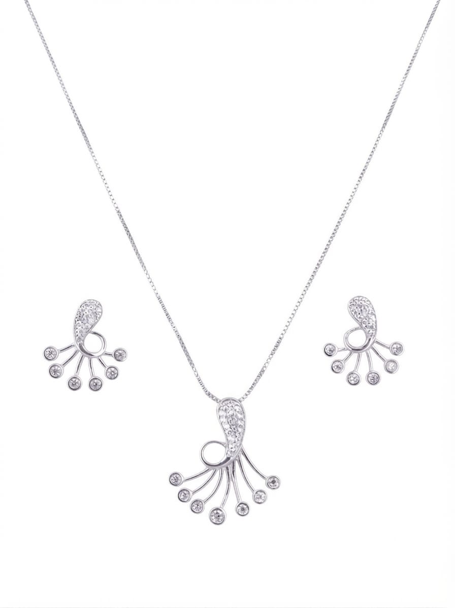 Silver-tone jewelry set featuring a necklace with a fan-shaped pendant, matching stud earrings, and clear stones, displayed on a plain white background.