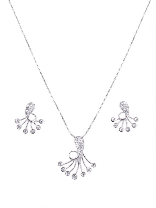 Silver-tone jewelry set featuring a necklace with a fan-shaped pendant, matching stud earrings, and clear stones, displayed on a plain white background.
