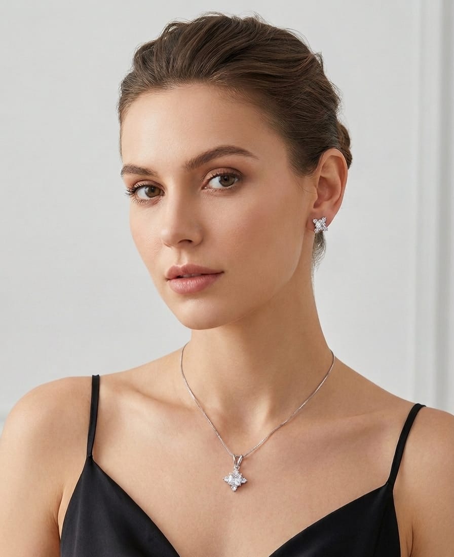 Woman wearing a necklace and earrings with a plain background