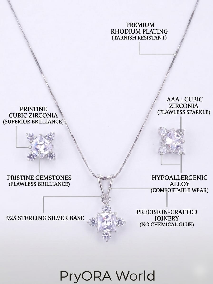 Jewelry set with necklace and earrings on a white background, featuring text on material and quality.