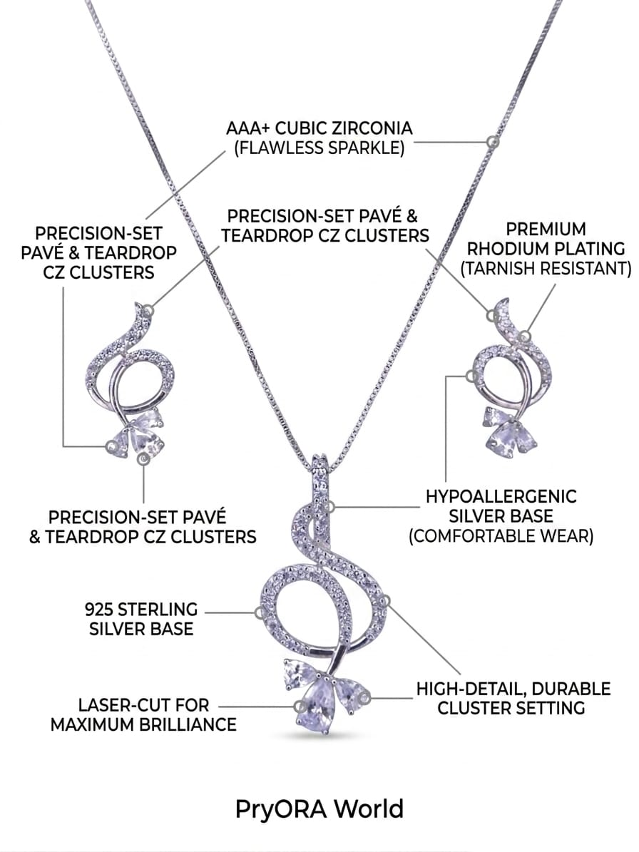 Jewelry necklace with labeled features on a white background