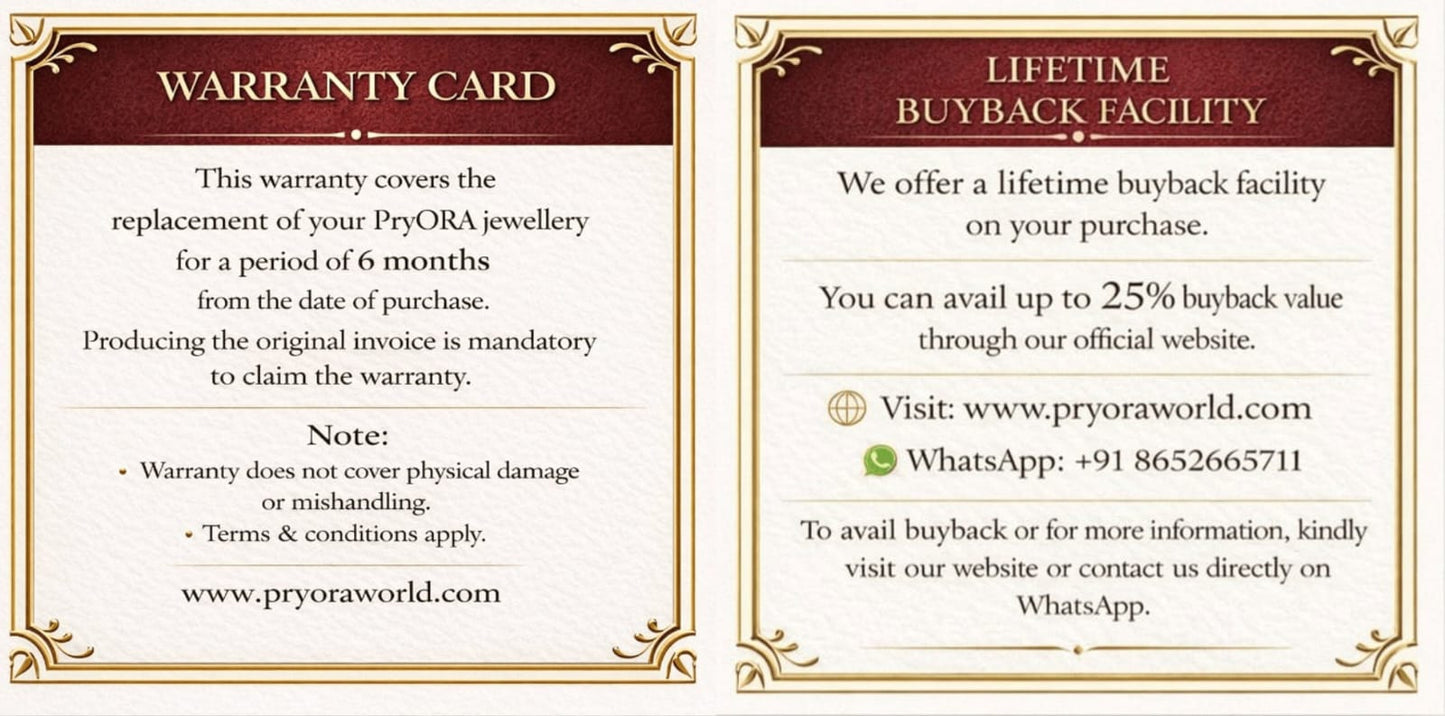 Two warranty and buyback facility cards from Pryora, one for 6-month warranty and the other for lifetime buyback.
