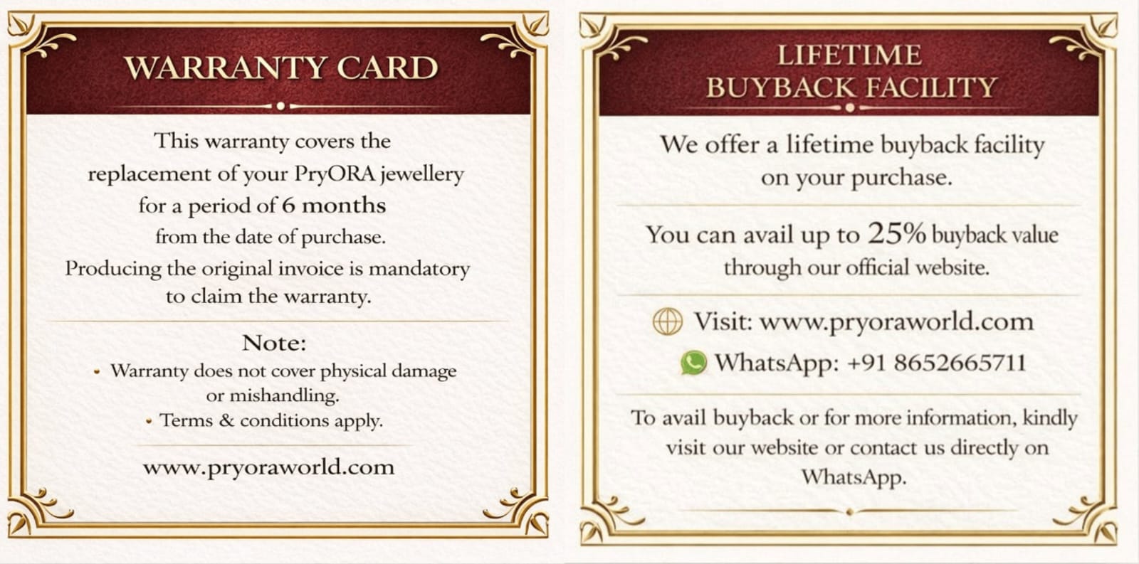 Two warranty and buyback facility cards from Pryora, one for 6-month warranty and the other for lifetime buyback.