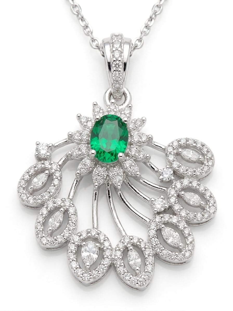 PryORA World 'Mayura' Emerald &CZ Artisan Pendant Set – Hand-Pronged, 925 Sterling Silver | AAA+ CZ &Simulated Emerald | Premium Rhodium Plated | Made in India