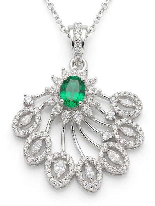 PryORA World 'Mayura' Emerald &CZ Artisan Pendant Set – Hand-Pronged, 925 Sterling Silver | AAA+ CZ &Simulated Emerald | Premium Rhodium Plated | Made in India
