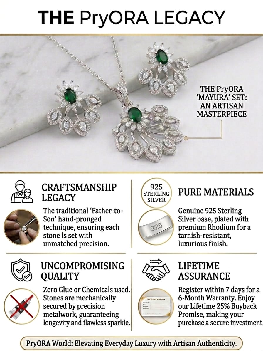 PryORA World 'Mayura' Emerald &CZ Artisan Pendant Set – Hand-Pronged, 925 Sterling Silver | AAA+ CZ &Simulated Emerald | Premium Rhodium Plated | Made in India