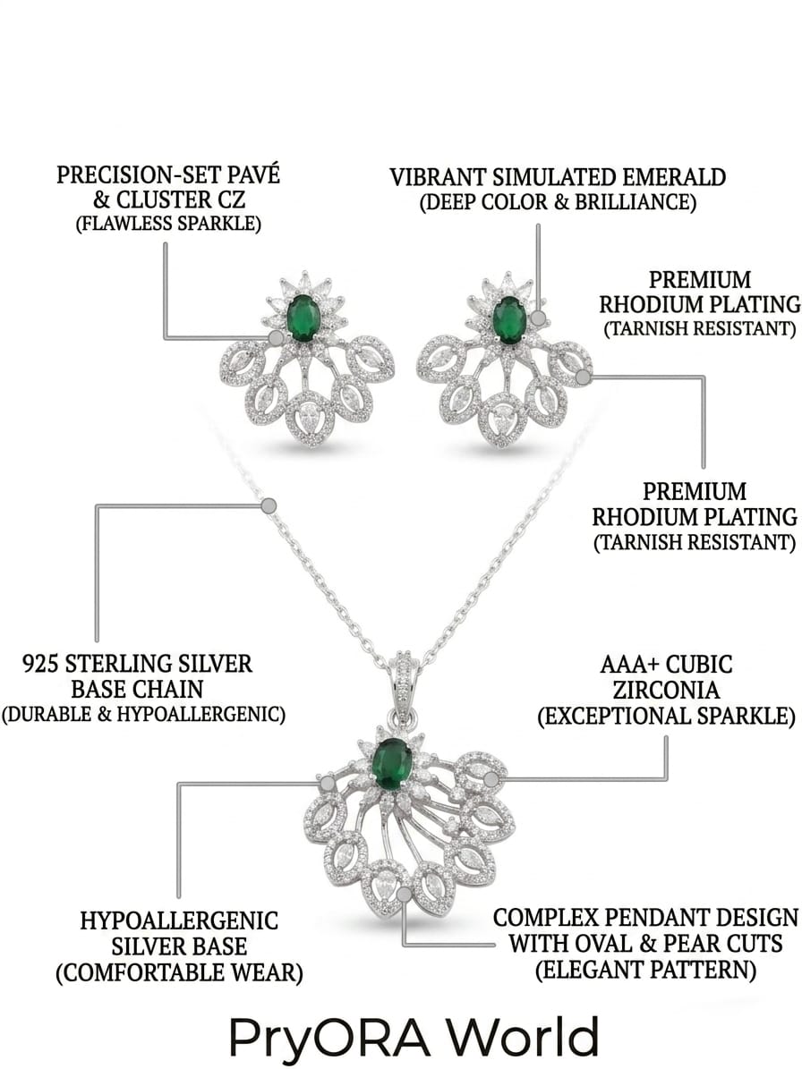PryORA World 'Mayura' Emerald &CZ Artisan Pendant Set – Hand-Pronged, 925 Sterling Silver | AAA+ CZ &Simulated Emerald | Premium Rhodium Plated | Made in India