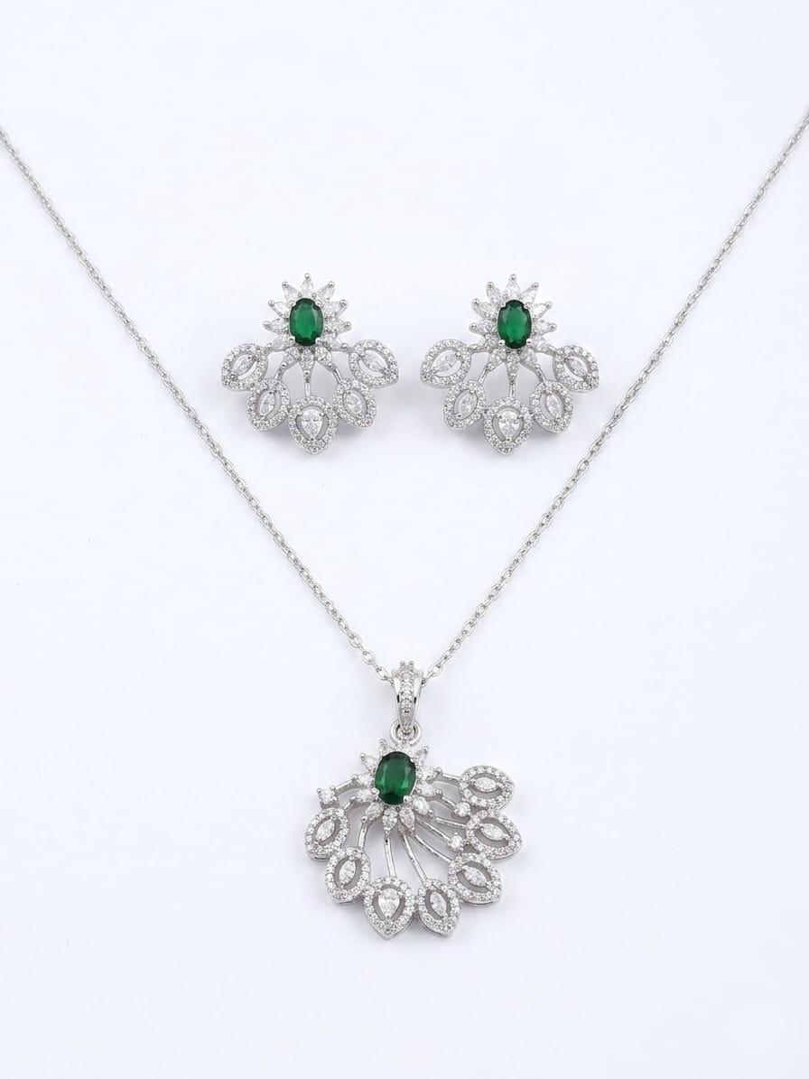 PryORA World 'Mayura' Emerald &CZ Artisan Pendant Set – Hand-Pronged, 925 Sterling Silver | AAA+ CZ &Simulated Emerald | Premium Rhodium Plated | Made in India