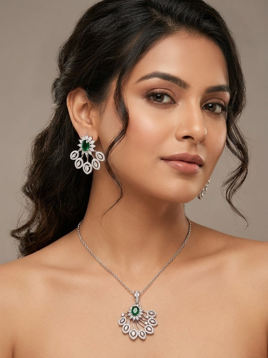 PryORA World 'Mayura' Emerald &CZ Artisan Pendant Set – Hand-Pronged, 925 Sterling Silver | AAA+ CZ &Simulated Emerald | Premium Rhodium Plated | Made in India